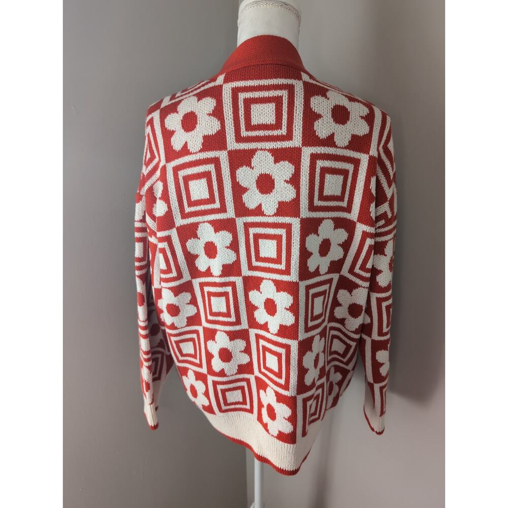 Zara Orange floral funky geometric M knit button up sweater cardigan - Picture 3 of 7